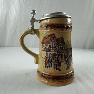 Original Gerz Germany Lidded Beer Stein Town Scene Village Horses‎ Wagon People